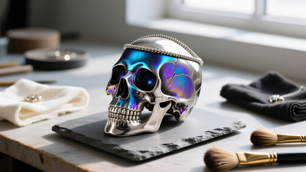 Jewelry workbench showing liver of sulfur patina process on a cast silver skull necklace, alongside polishing cloths and brushes.