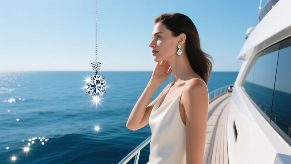 Woman on a yacht holding her ear as a sparkling diamond drop earring falls toward the deep blue ocean water surface below her