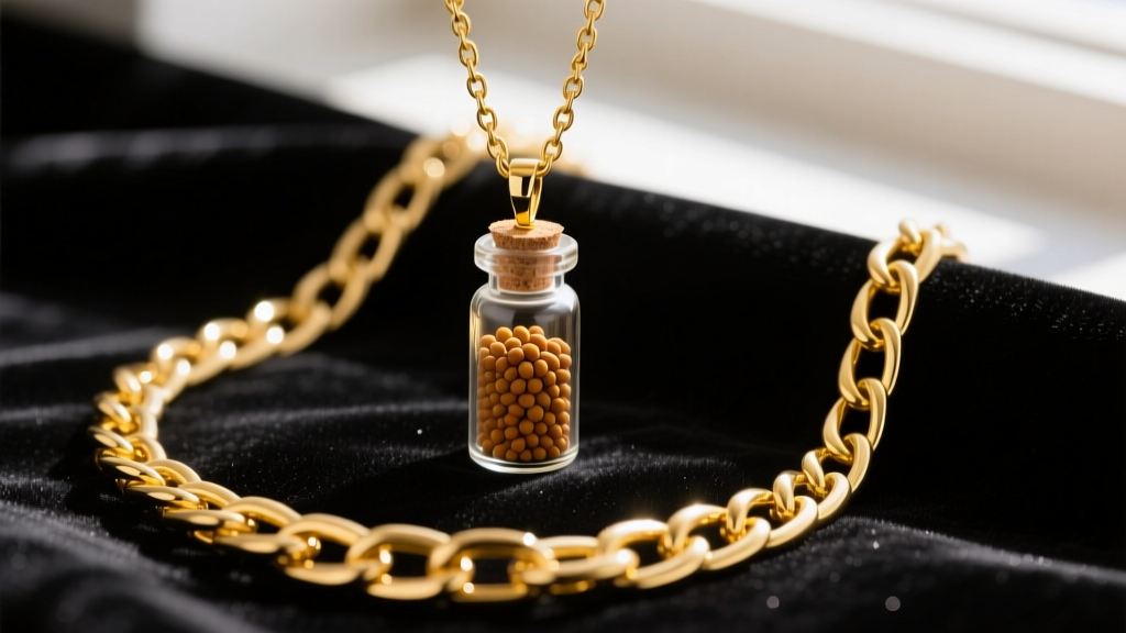 Close-up of a 14k yellow gold chain holding a tiny glass vial pendant filled with brown mustard seeds on dark velvet fabric.