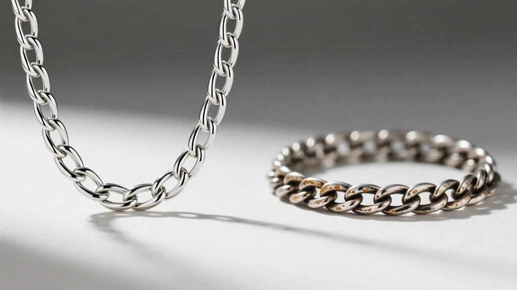 Side-by-side view of a bright rhodium-plated sterling silver chain next to an unplated, slightly oxidized vintage silver chain.