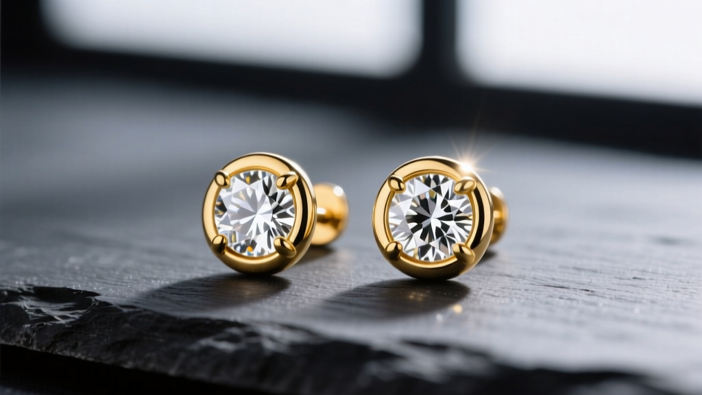 Macro shot of 0.25 carat diamond stud earrings in 14k yellow gold bezel settings on dark slate with soft rim lighting