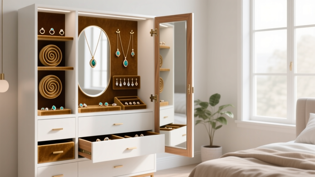 Open white Hives Honey jewelry armoire revealing velvet-lined drawers, ring rolls, and a flip-up mirror in a bright modern bedroom.