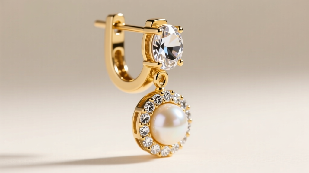 Detailed view of an 18-gauge gold leverback wire with a locking clasp, attached to a heavy crystal and pearl drop earring setting.