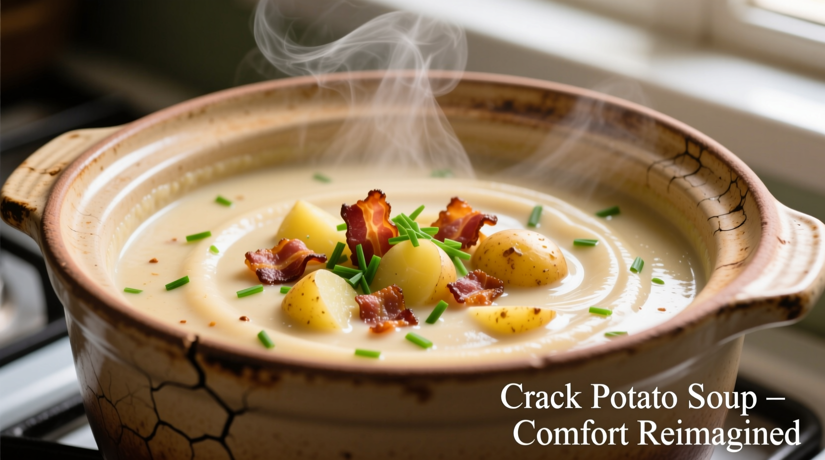 Crock pot filled with creamy crack potato soup topped with bacon and chives