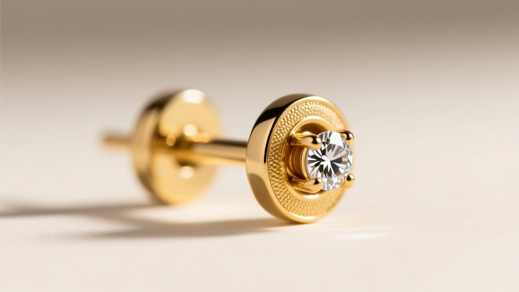 Macro view of an 18k gold earring post with a La Pousette lock, designed to securely support heavy 8mm diamond stud earrings