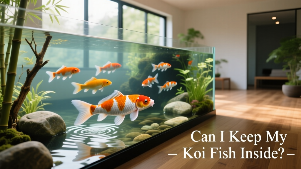 Koi fish swimming gracefully in a spacious indoor aquarium with clear water and naturalistic decor