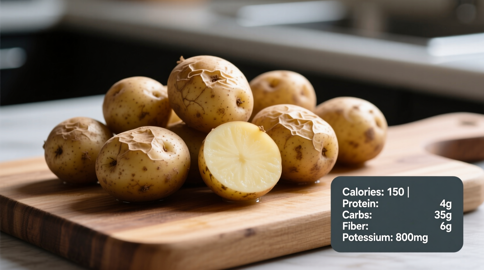 Boiled small potatoes with skin showing nutrition facts