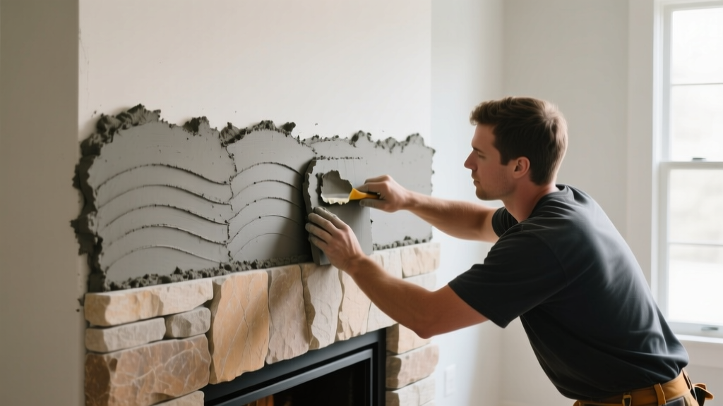Mason buttering budget manufactured stone veneer with gray mortar and pressing it onto a scratch-coated interior fireplace surround