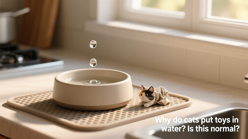 A textured silicone pet mat beneath a ceramic water bowl, with a few droplets of water visible—clean, functional, and spill-resistant