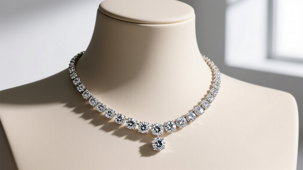 A 5-carat diamond tennis necklace draped over a mannequin collarbone, showcasing uniform stone sizing and brilliant sparkle.