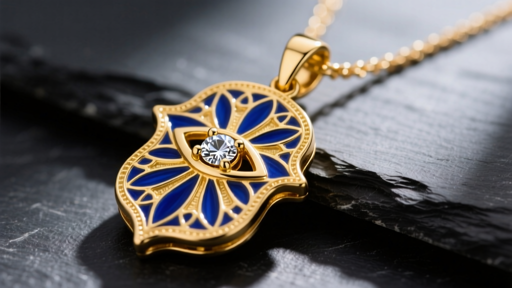 Macro shot of an 18k yellow gold hamsa necklace pendant with blue guilloche enamel and a diamond eye on dark slate.