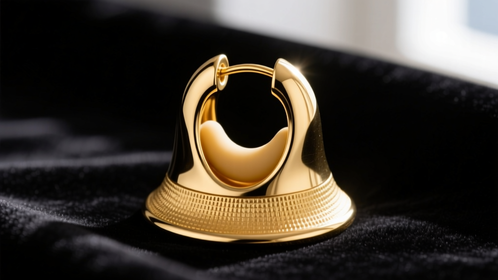 Macro shot of a gold bell back earring clutch on dark velvet, highlighting the wide flared base and secure inner silicone grip.