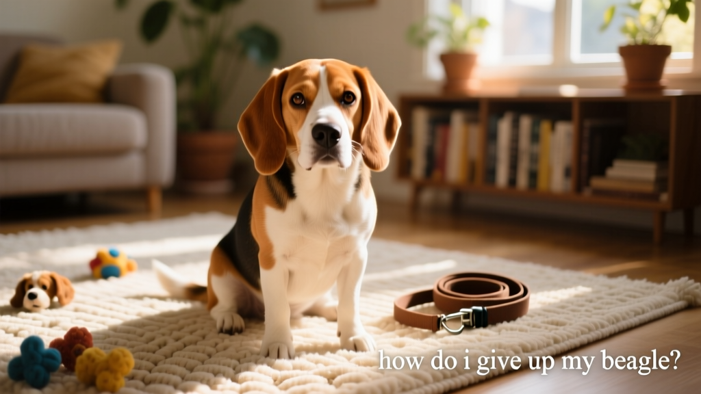 A gentle close-up of a beagle looking warmly at the camera, sitting on a cozy rug