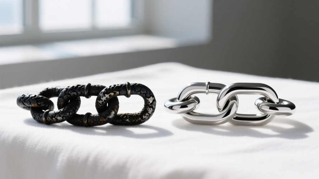 Side-by-side comparison of a heavily oxidized black 555 silver chain link and a polished bright link on a white cloth