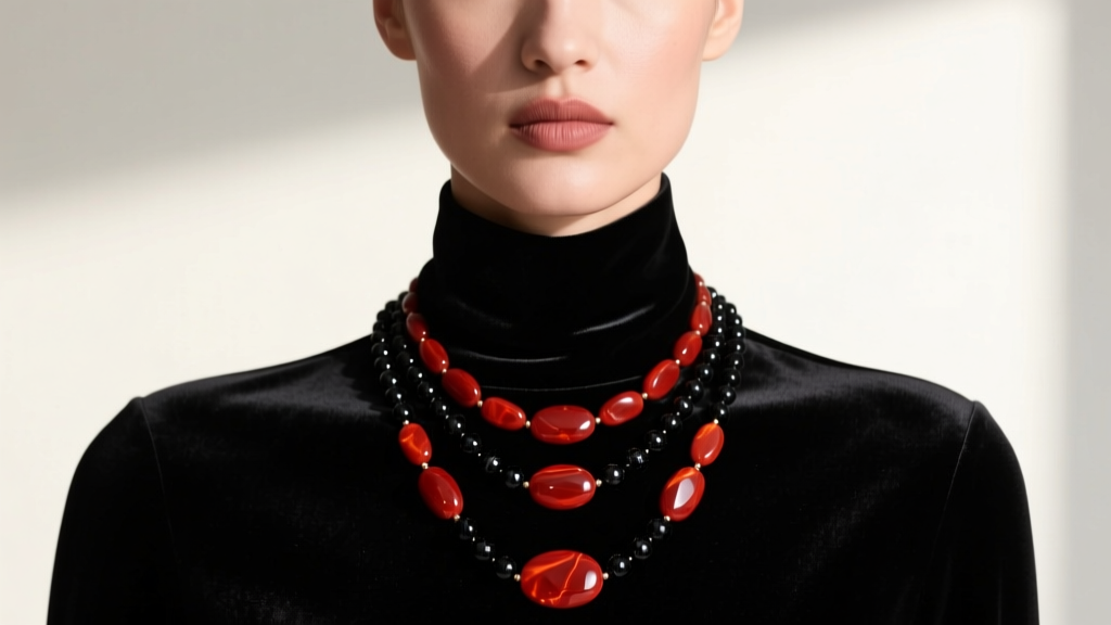 Editorial fashion shot of a model wearing a black velvet turtleneck layered with three red jasper and black spinel necklaces.