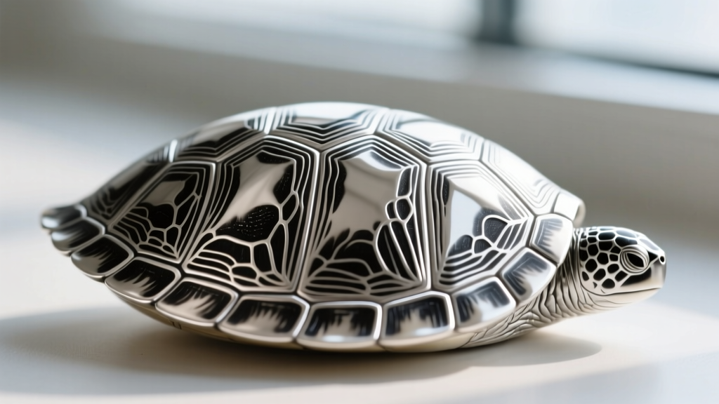 Macro shot of an engraved silver turtle shell scute pattern, showing dark oxidized detailing and a bright rhodium-plated finish.