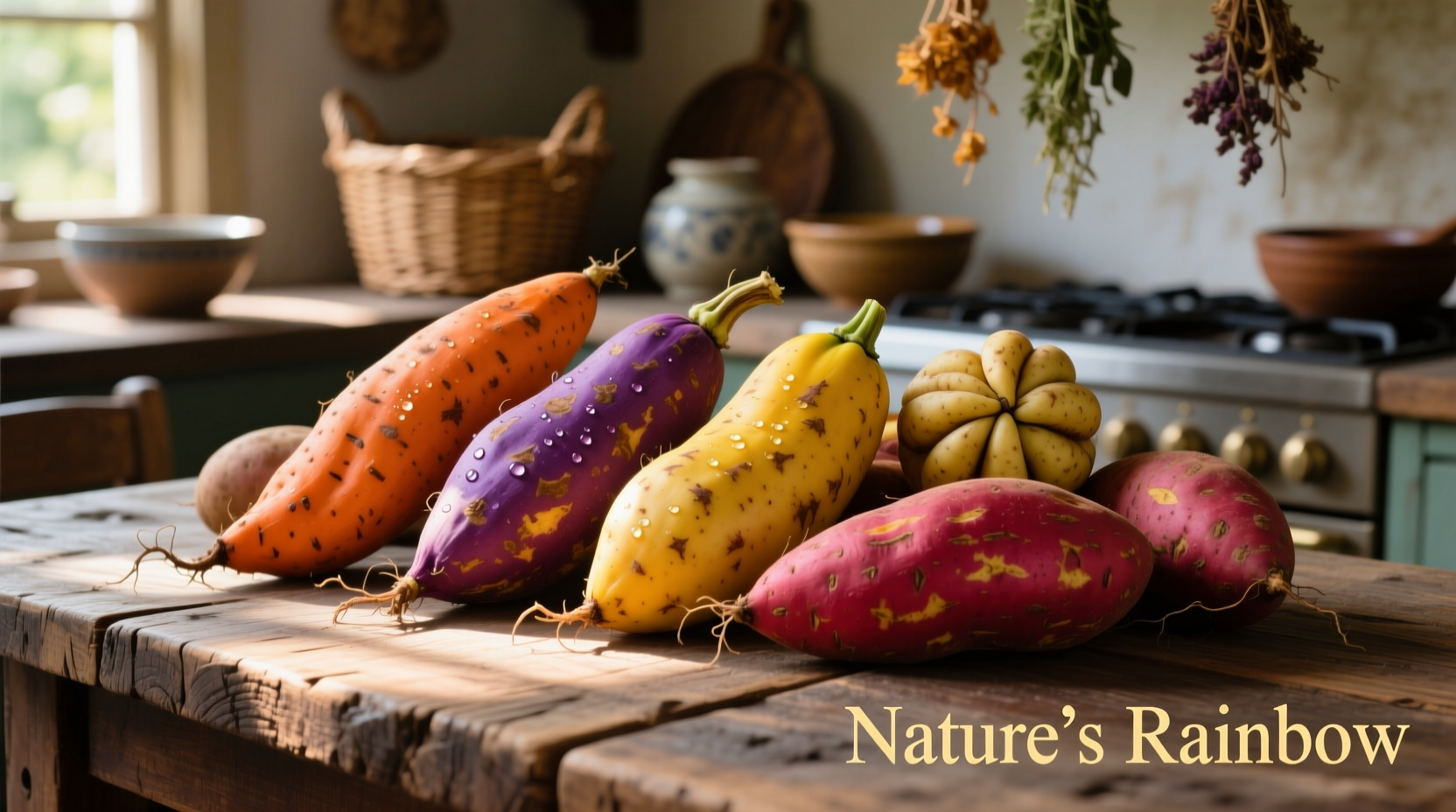 Colorful sweet potato varieties on wooden table