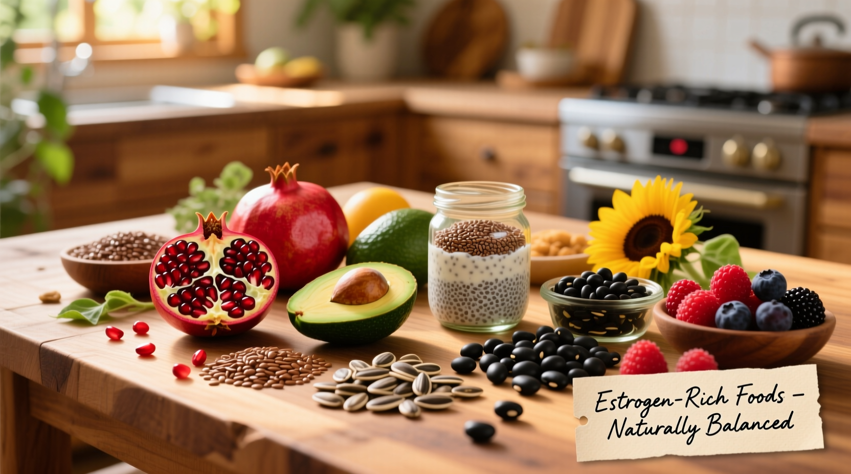 Colorful display of estrogen-boosting foods on wooden table