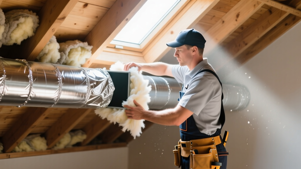 HVAC worker wrapping foil-faced fiberglass duct insulation material around a rectangular metal air duct in a bright residential attic