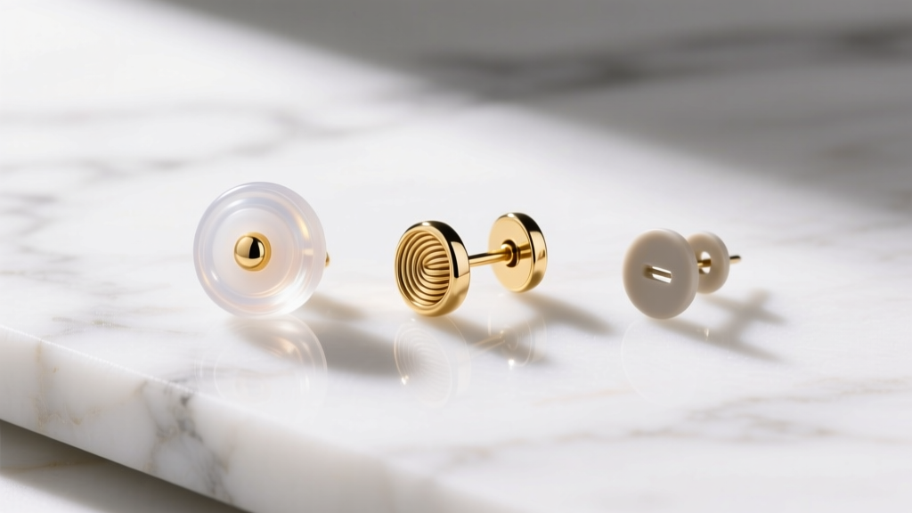 Flat lay of clear silicone earring stoppers, 14k gold locking backs, and standard friction backs on a bright white marble surface.