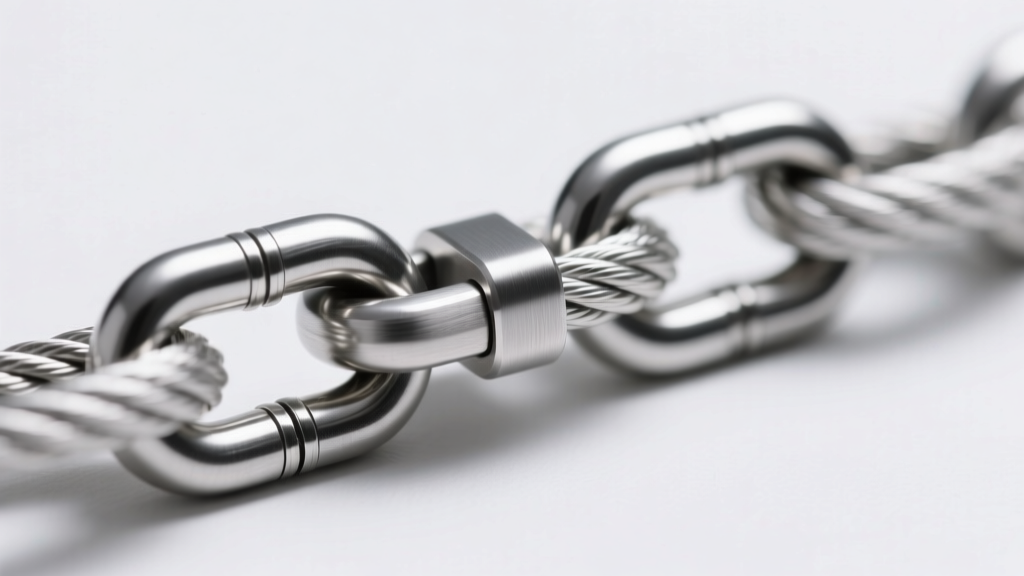 Macro photography of a 316L surgical steel rope chain clasp, showing precise laser-welded links and a brushed metal finish.