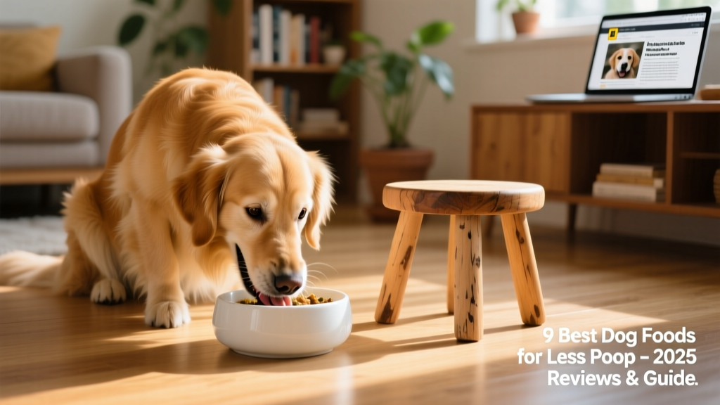 Dog happily eating from a clean bowl with a small, well-formed stool visible nearby