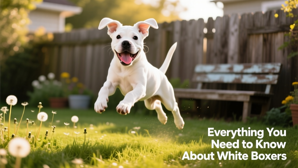 A joyful white Boxer puppy playing in a sunlit backyard