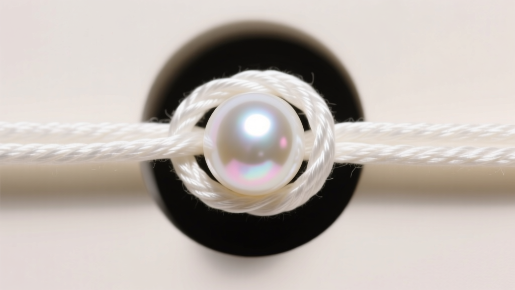 Macro shot of an overhand knot in white silk thread resting flush against the drill hole of a lustrous, round white Akoya pearl.