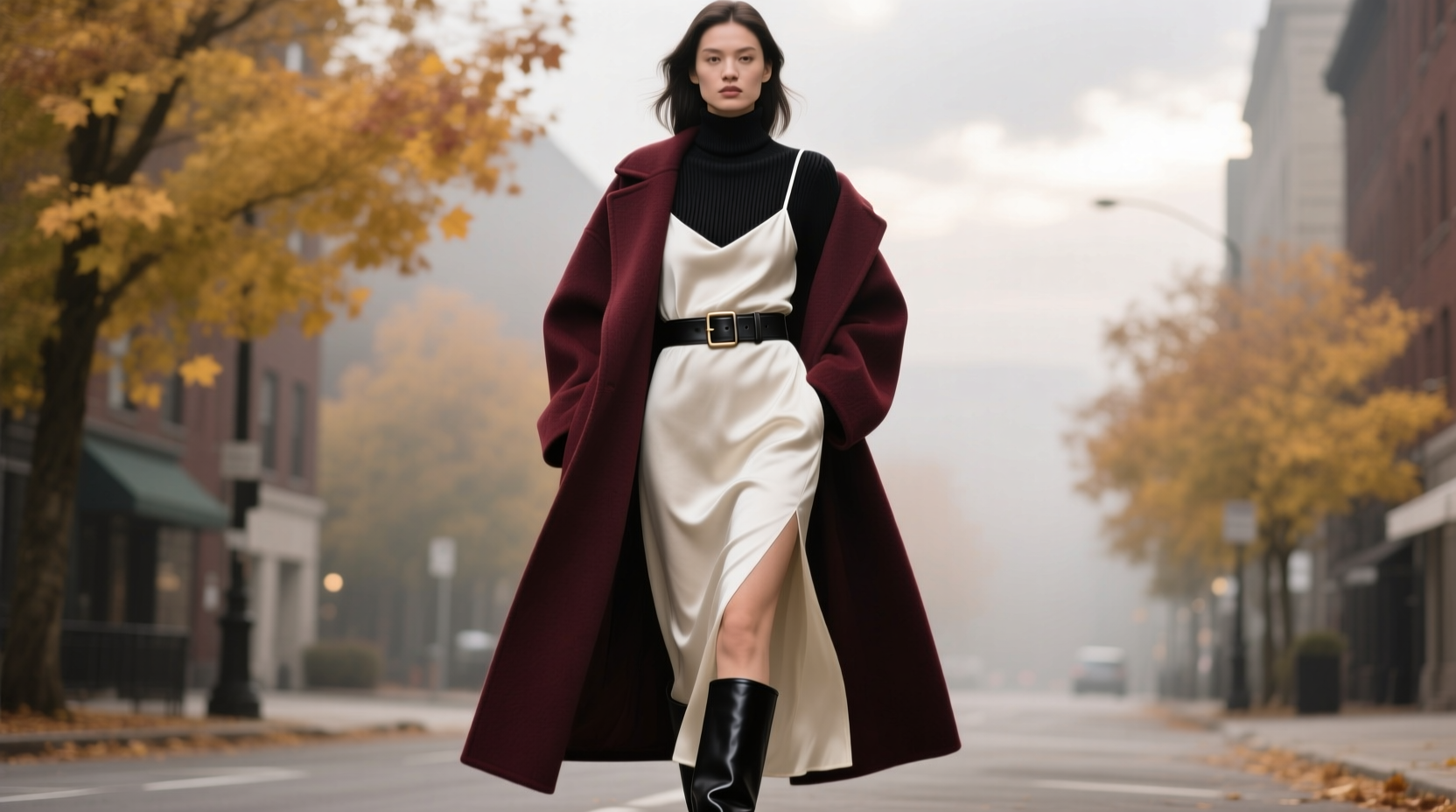 how to style a turtleneck under a slip dress for fall without looking outdated