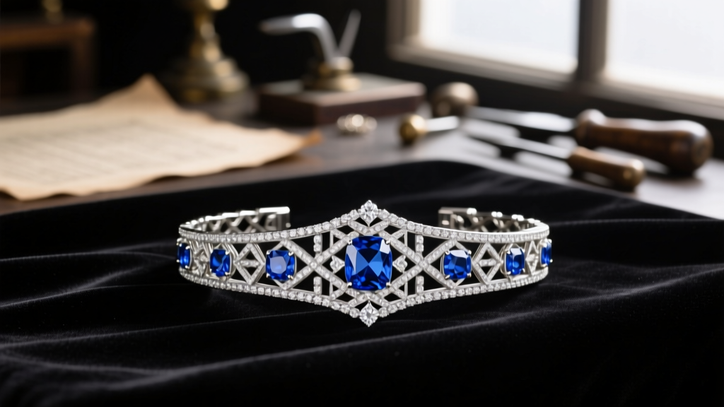 Art Deco diamond and sapphire bracelet resting on dark velvet beside a jeweler's loupe and digital gold scale in warm lighting.