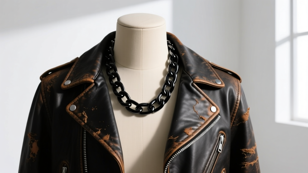 Heavyweight black PVD-coated 316L stainless steel Cuban link necklace draped over a mannequin wearing a distressed leather jacket.