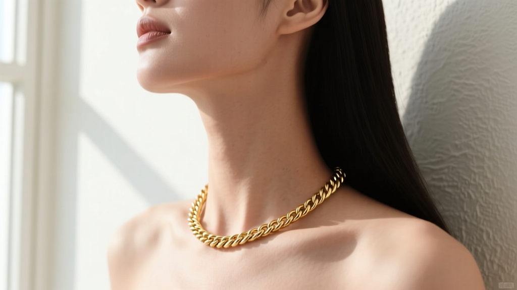 Close-up of a woman slipping a continuous 24-inch 14k gold rope chain necklace without clasp over her head, soft natural lighting