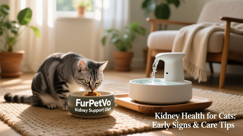 A serene home setup with a cat eating from a low-profile ceramic bowl labeled 'FurPetVo Kidney Support Diet', next to a fresh water fountain and calming environment