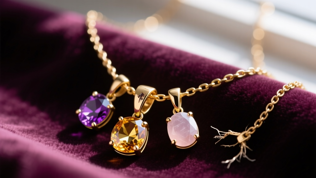Macro shot of a 14k gold mothers necklace with three birthstone pendants, highlighting a bent prong and frayed chain on velvet.