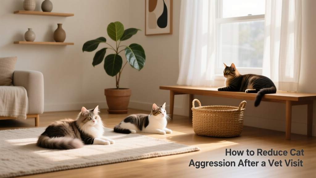 Three cats peacefully resting in the same sunlit room, spaced comfortably apart but relaxed and unthreatened