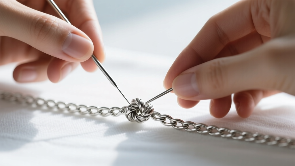 Hands using a fine needle to gently pry apart a tight knot in a delicate sterling silver rope chain over a white microfiber cloth