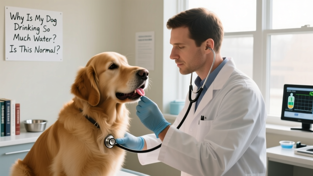 A calm, attentive veterinarian examining a dog’s gums and listening to its chest during a routine checkup