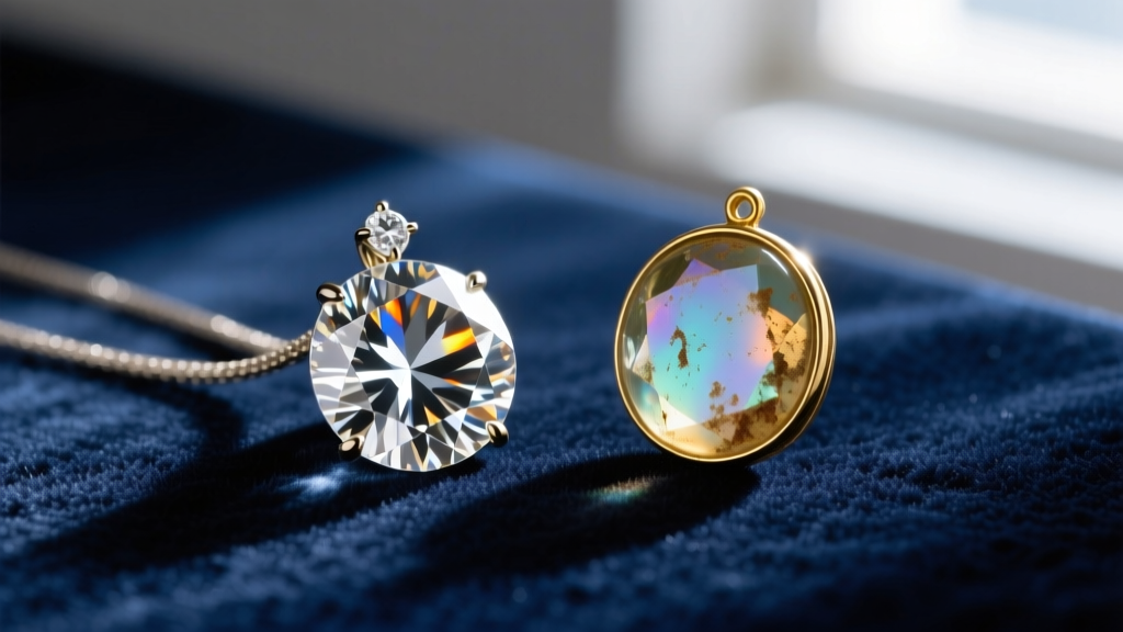 Close-up of a natural diamond pendant and an antique foil-backed glass paste replica resting side-by-side on dark navy velvet.