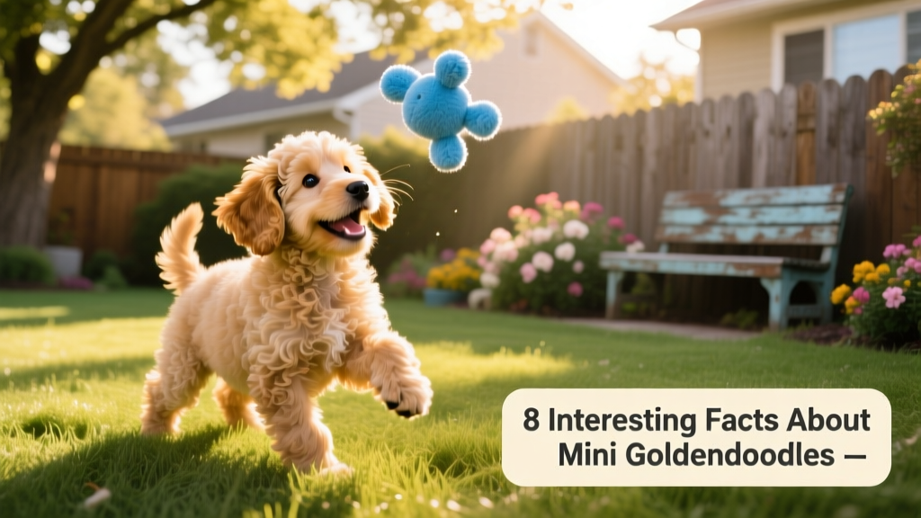 A joyful Mini Goldendoodle puppy playing in a sunlit backyard with a soft toy