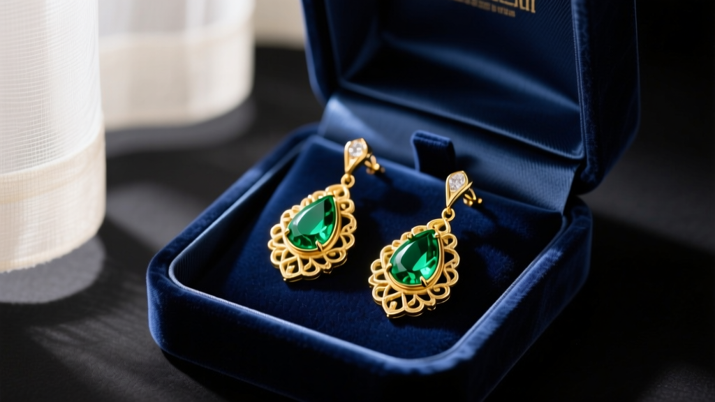 Open velvet box revealing 18k yellow gold emerald green drop earrings on dark satin, illuminated by soft dramatic lighting