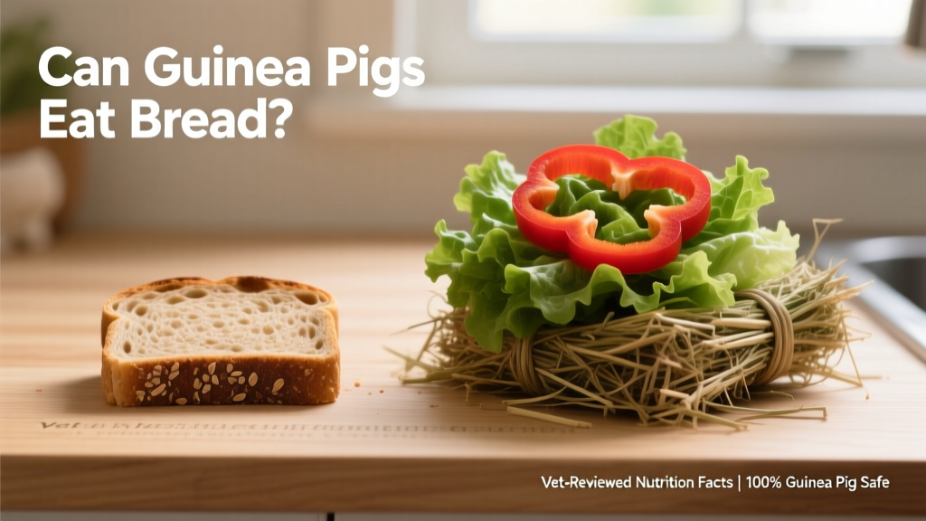 Side-by-side comparison: a small slice of plain whole-grain bread next to a generous portion of timothy hay, romaine lettuce, and red bell pepper slices