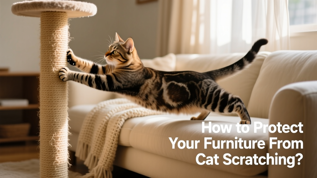 Cat stretching and scratching on a tall sisal post beside a cozy living room sofa