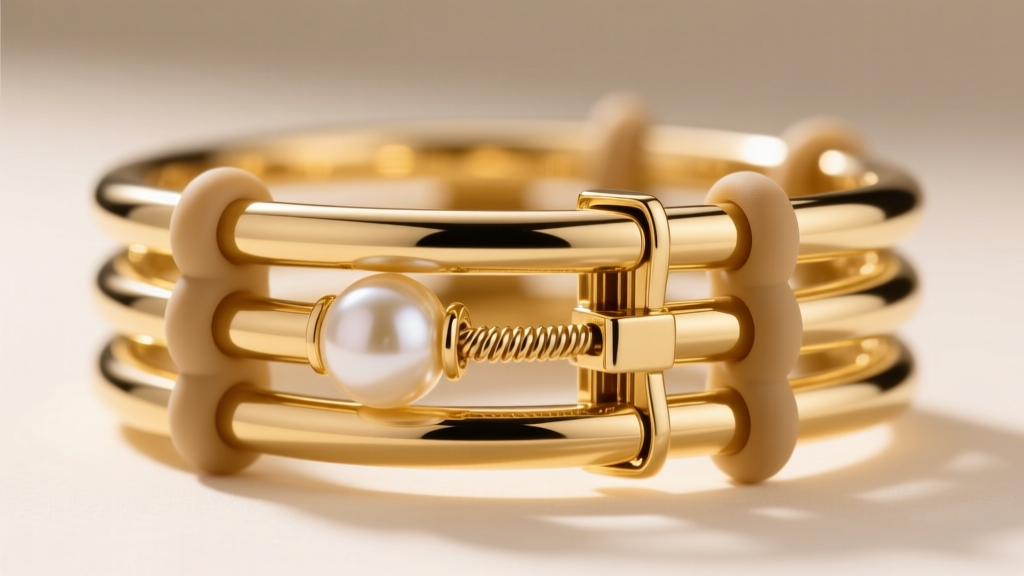 Close-up of a 14k gold three-strand tube clasp with silicone rings, showing the internal locking mechanism for heavy pearl jewelry.