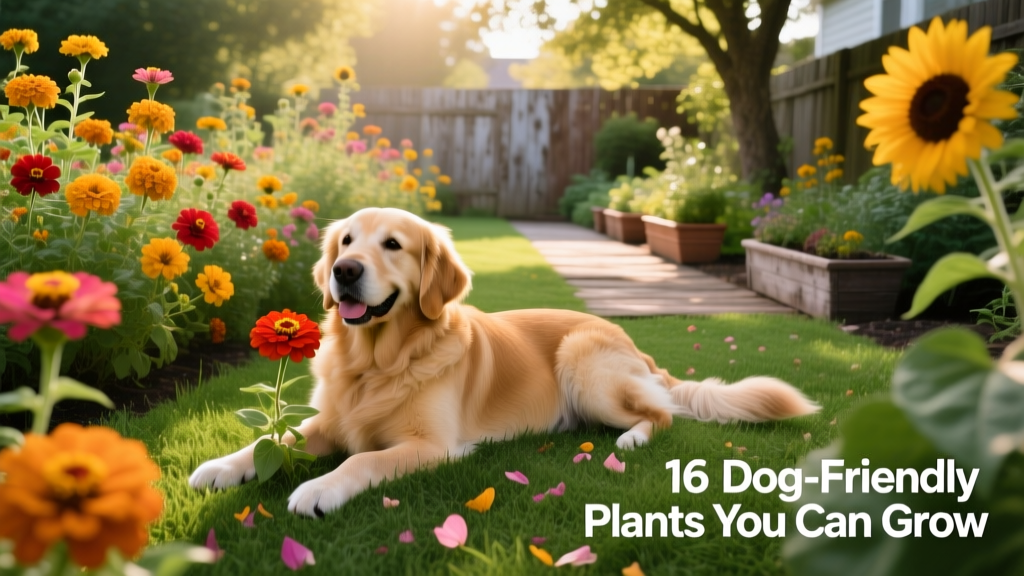 A sunny backyard garden with colorful, dog-safe flowers like marigolds, zinnias, and sunflowers blooming alongside a relaxed golden retriever