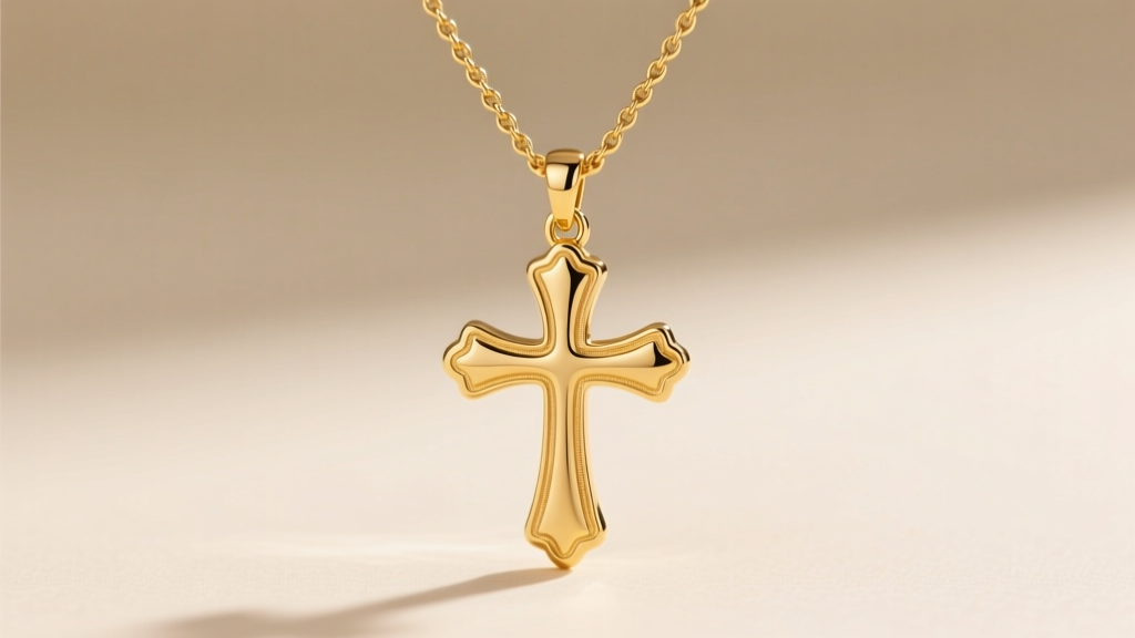Close-up of a solid 14k yellow gold necklace cross with high-polish finish on a 1.2mm rope chain against a soft cream background