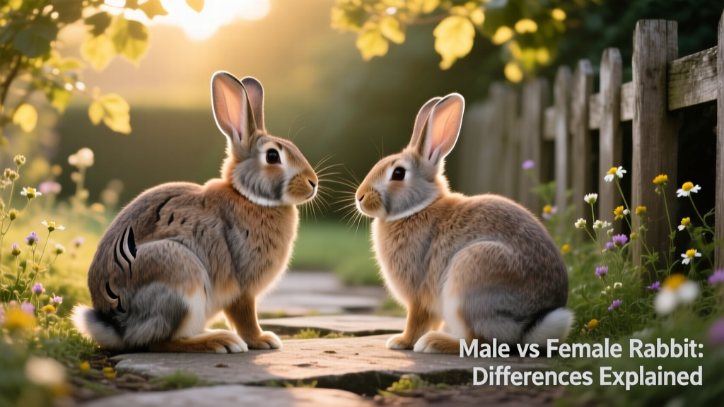 Side-by-side comparison showing a male and female rabbit, highlighting physical differences like body shape and genital area