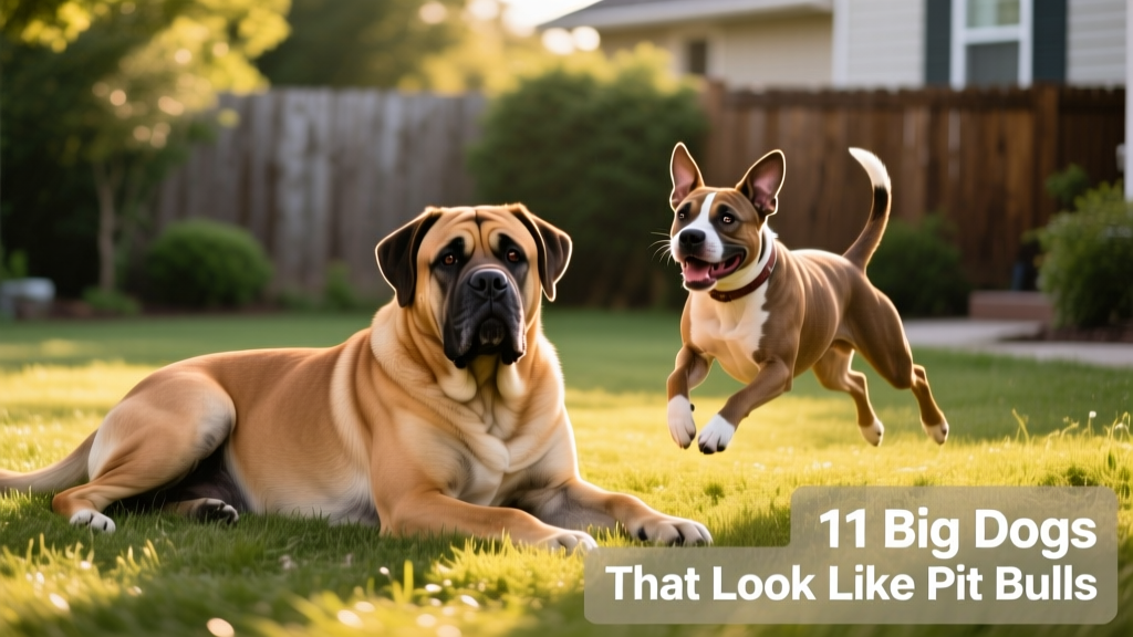 A relaxed Mastiff lounging beside a playful American Pit Bull Terrier, illustrating the contrast in size and temperament between gentle giants and energetic midsize companions