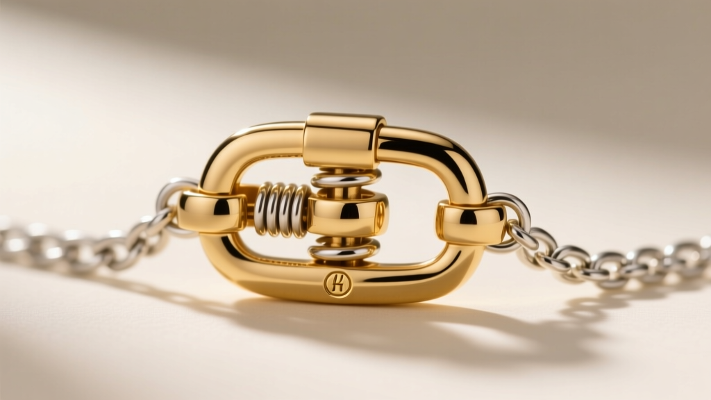 Close-up of a gold PVD plated lobster clasp on a chain, showing the secure spring mechanism and a small stamped hallmark