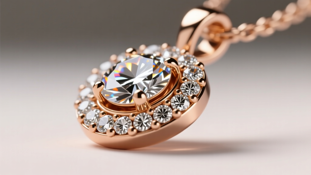 Macro photography of a pave diamond Frivole pendant, highlighting bead-set round brilliant diamonds against polished 18k rose gold