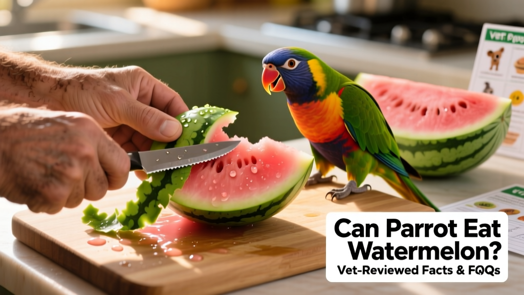 Close-up of a hand removing thick green watermelon rind from bright pink flesh, with a parrot watching nearby